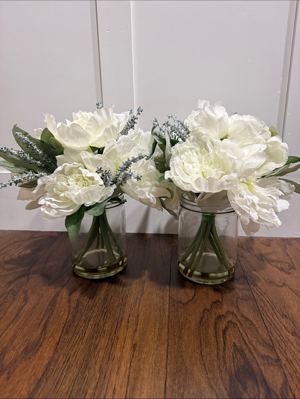 2 Jar Vases- White Peony & Lavender Faux Floral Arrangement Set